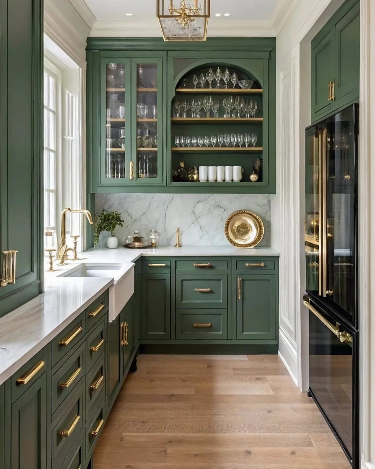 Green kitchen cabinets with glass fronts displaying glassware and white marble countertops.