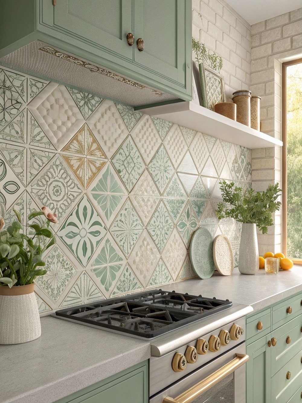 Sage green kitchen cabinets with a patterned diamond tile backsplash and grey countertops.
