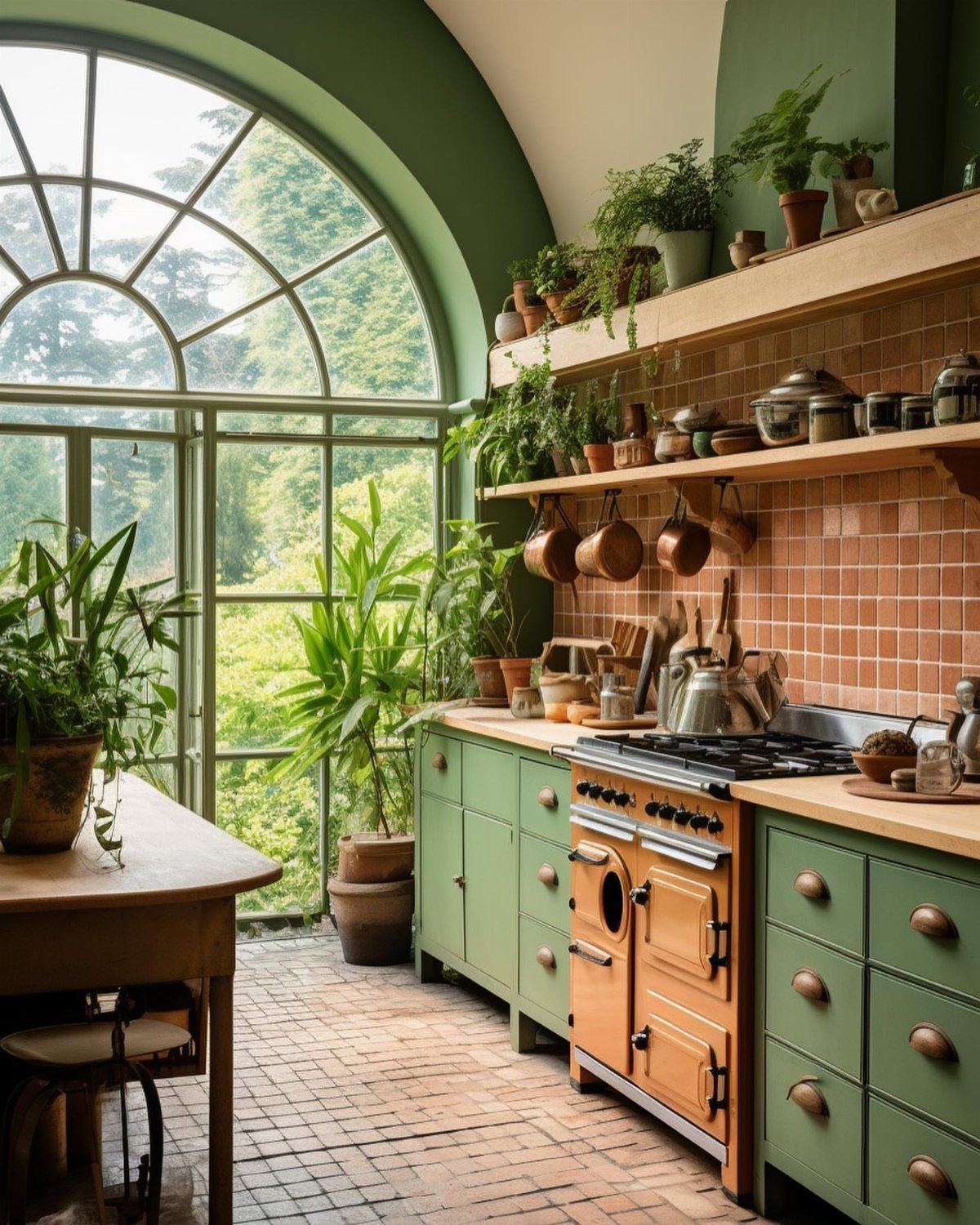 Olive green kitchen cabinets and matching green walls with a large arched window.