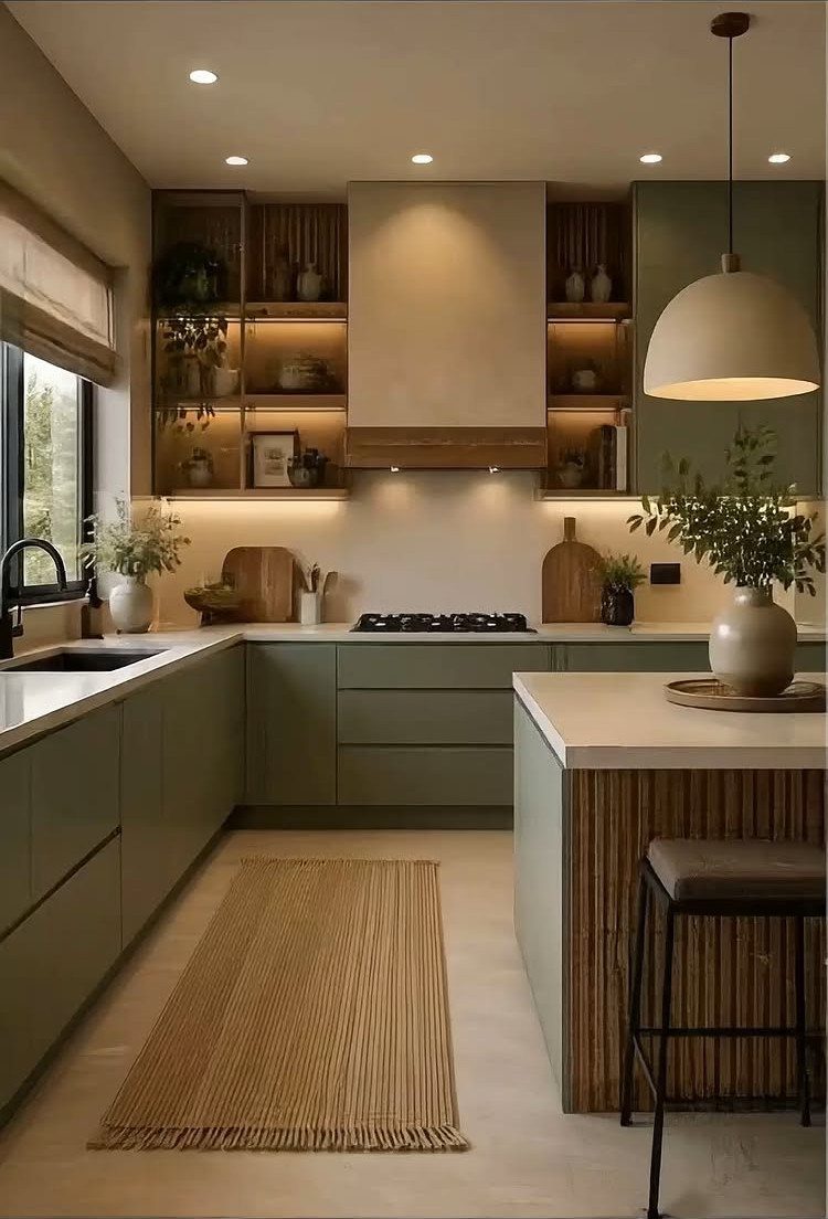 Olive green kitchen cabinets paired with clean white countertops and a matching island.
