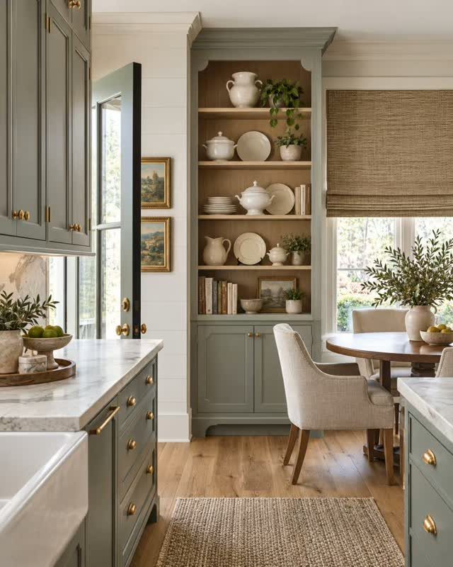 Sage green kitchen cabinets with white marble countertops and gold hardware in a bright room.