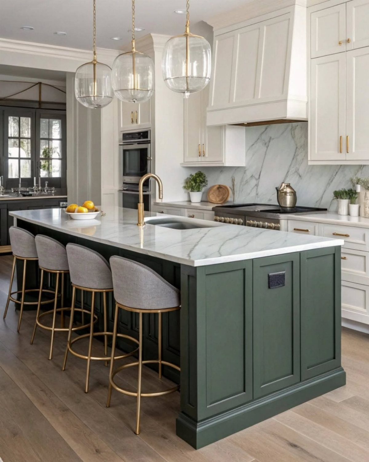 Dark green kitchen island with white marble top and neutral white perimeter cabinetry.