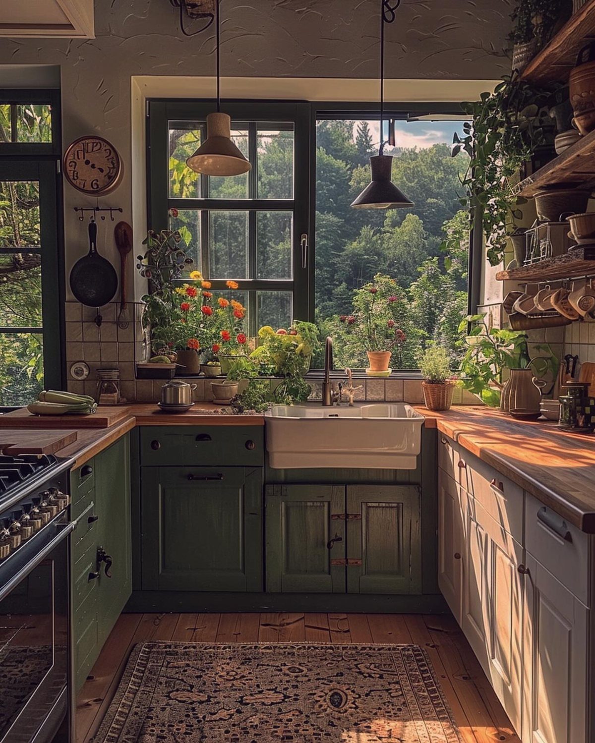 Muted green kitchen cabinets with wooden countertops and a view of a forest.