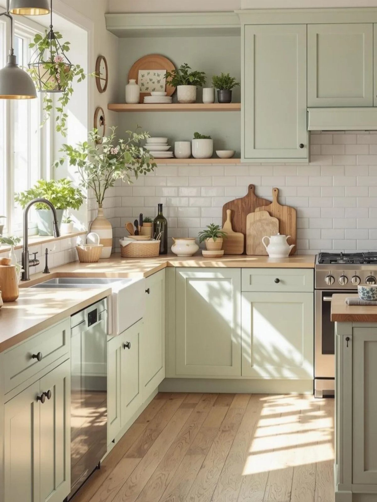 Pale green kitchen cabinets with light wood countertops and white subway tile backsplash.