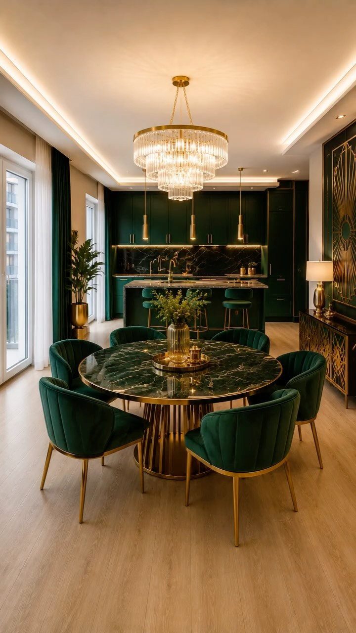 Emerald green velvet chairs and gold accents in a luxury dining and kitchen space