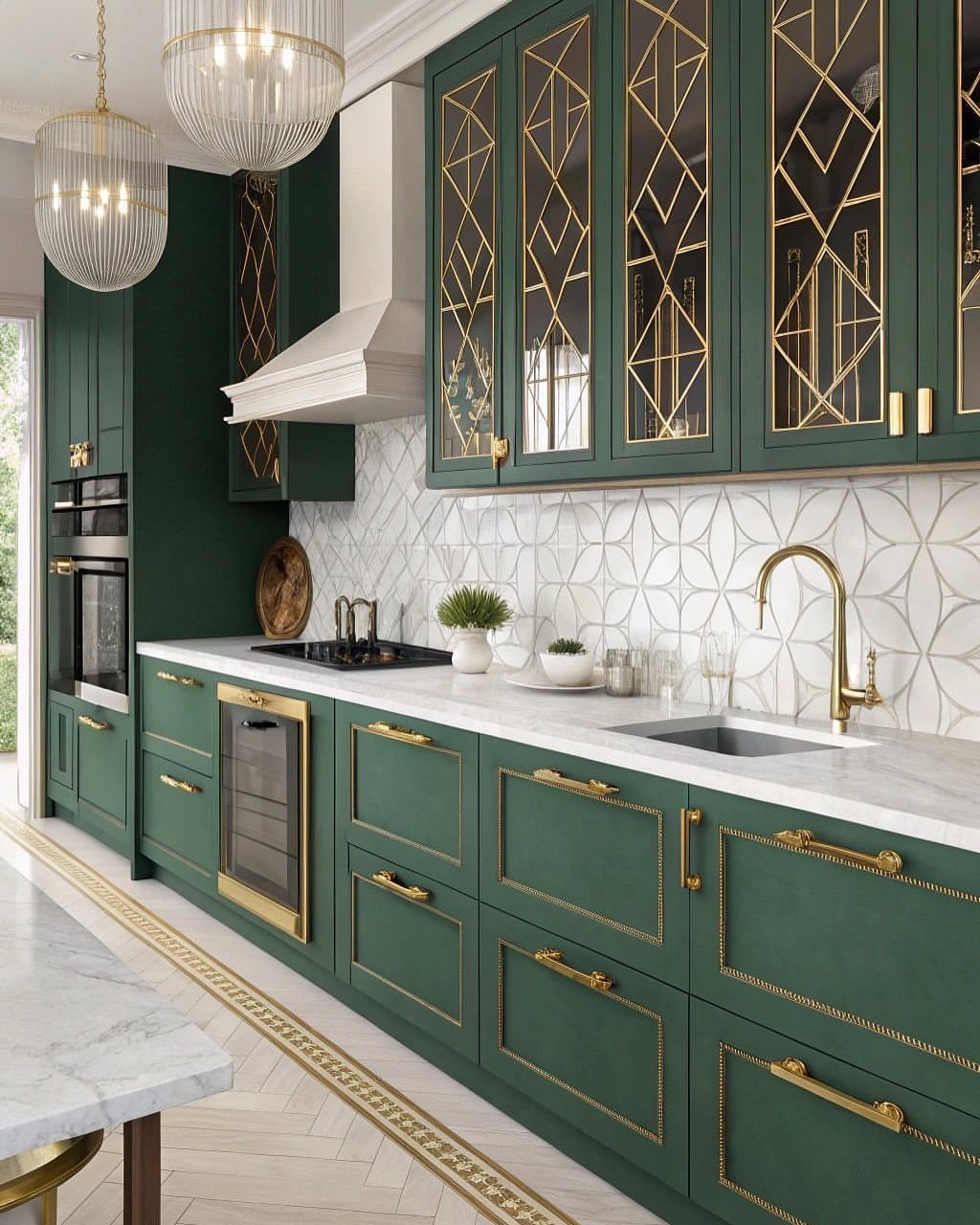 Emerald green kitchen cabinets with gold accents, white marble countertops, and patterned backsplash.