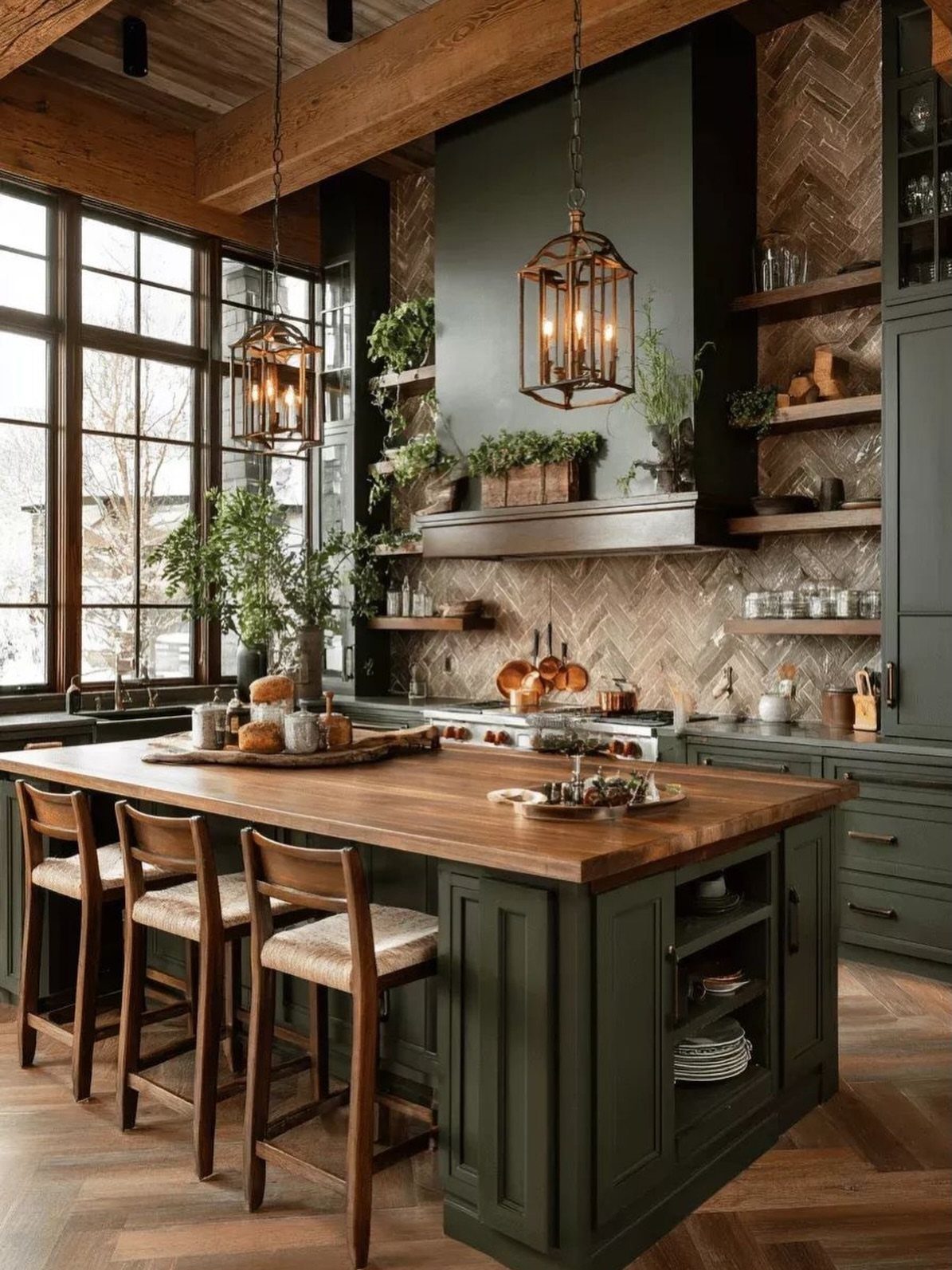 Emerald green kitchen cabinets and island with wooden open shelving and herringbone backsplash.