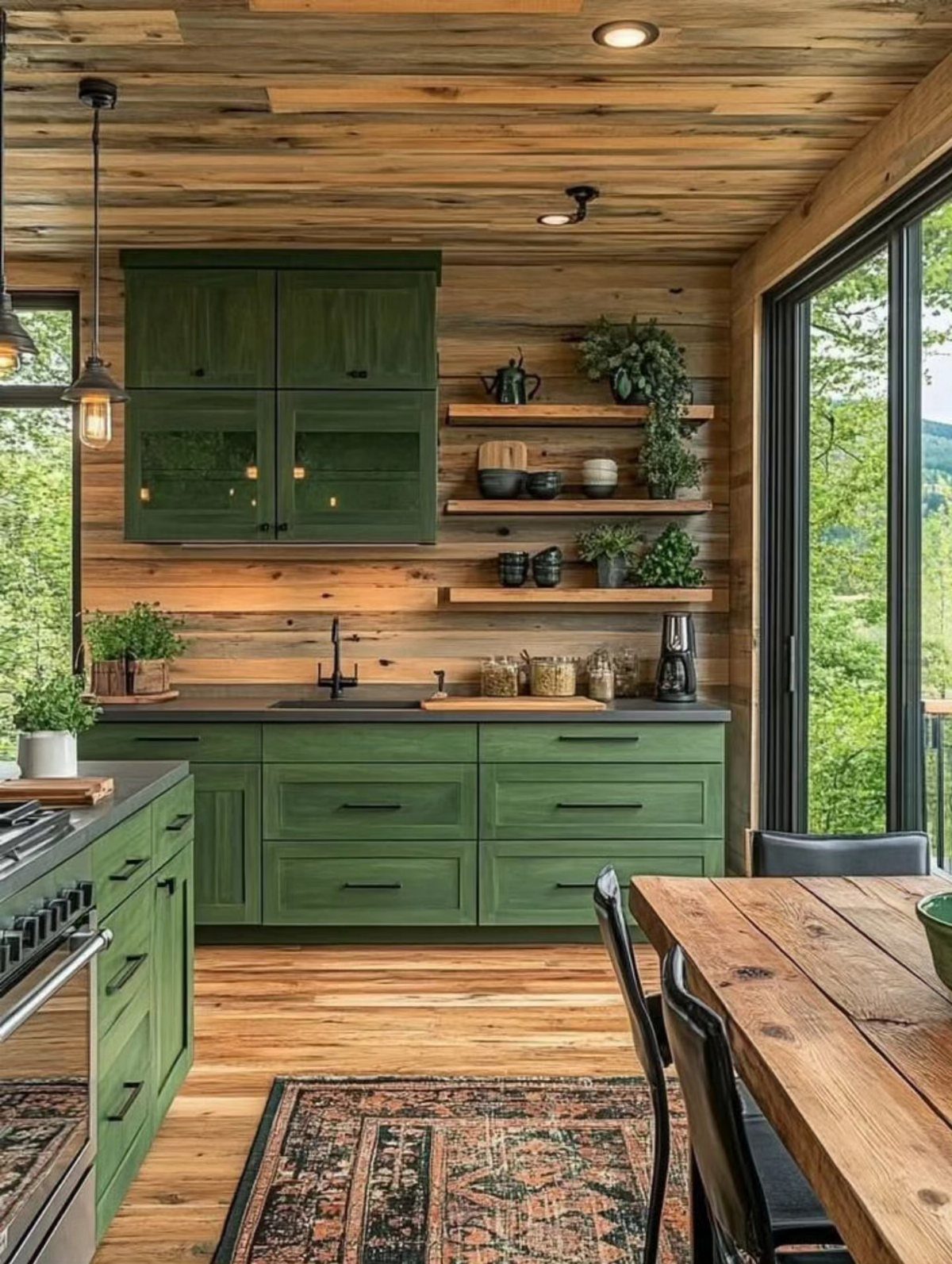 Emerald green kitchen cabinets set against rustic wood paneled walls and ceilings.