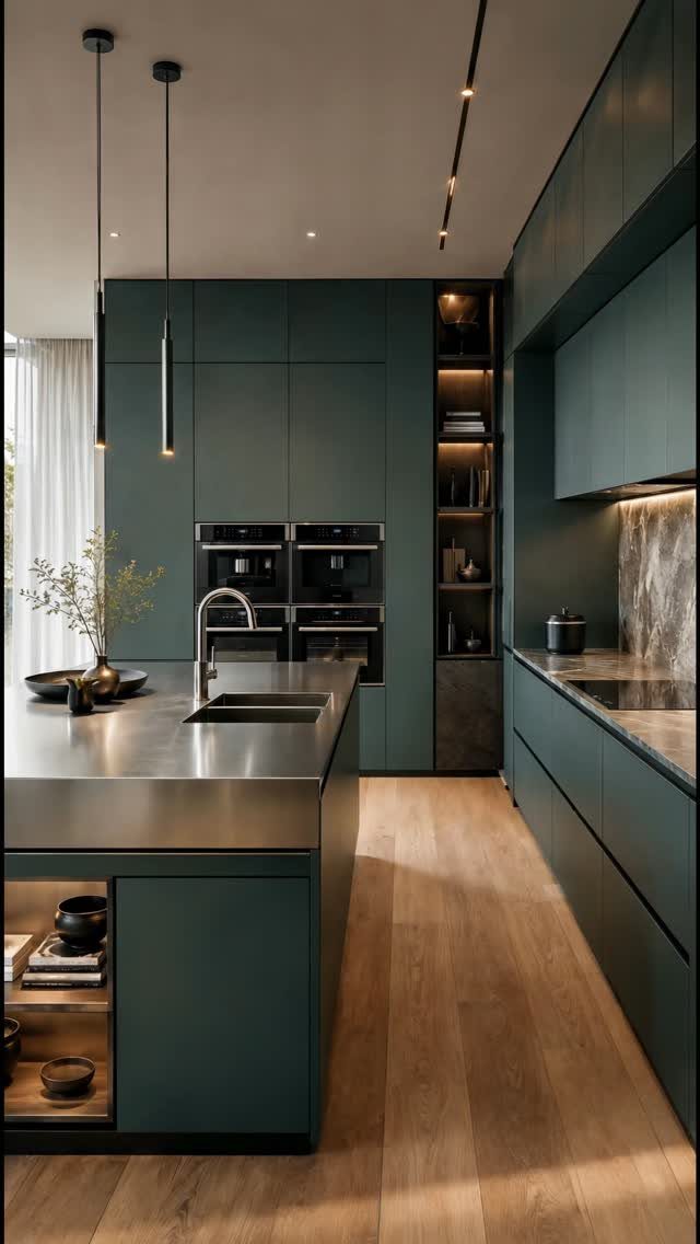 Emerald green kitchen cabinets with a stainless steel island and light wood floors.