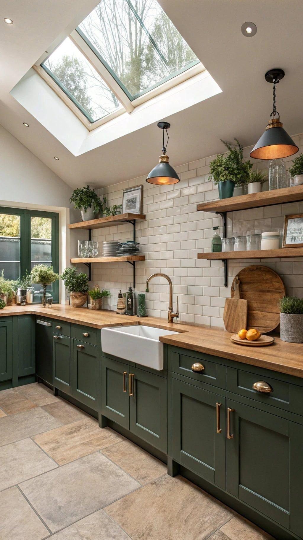 Dark green kitchen cabinets with wooden countertops and open shelving with potted plants.