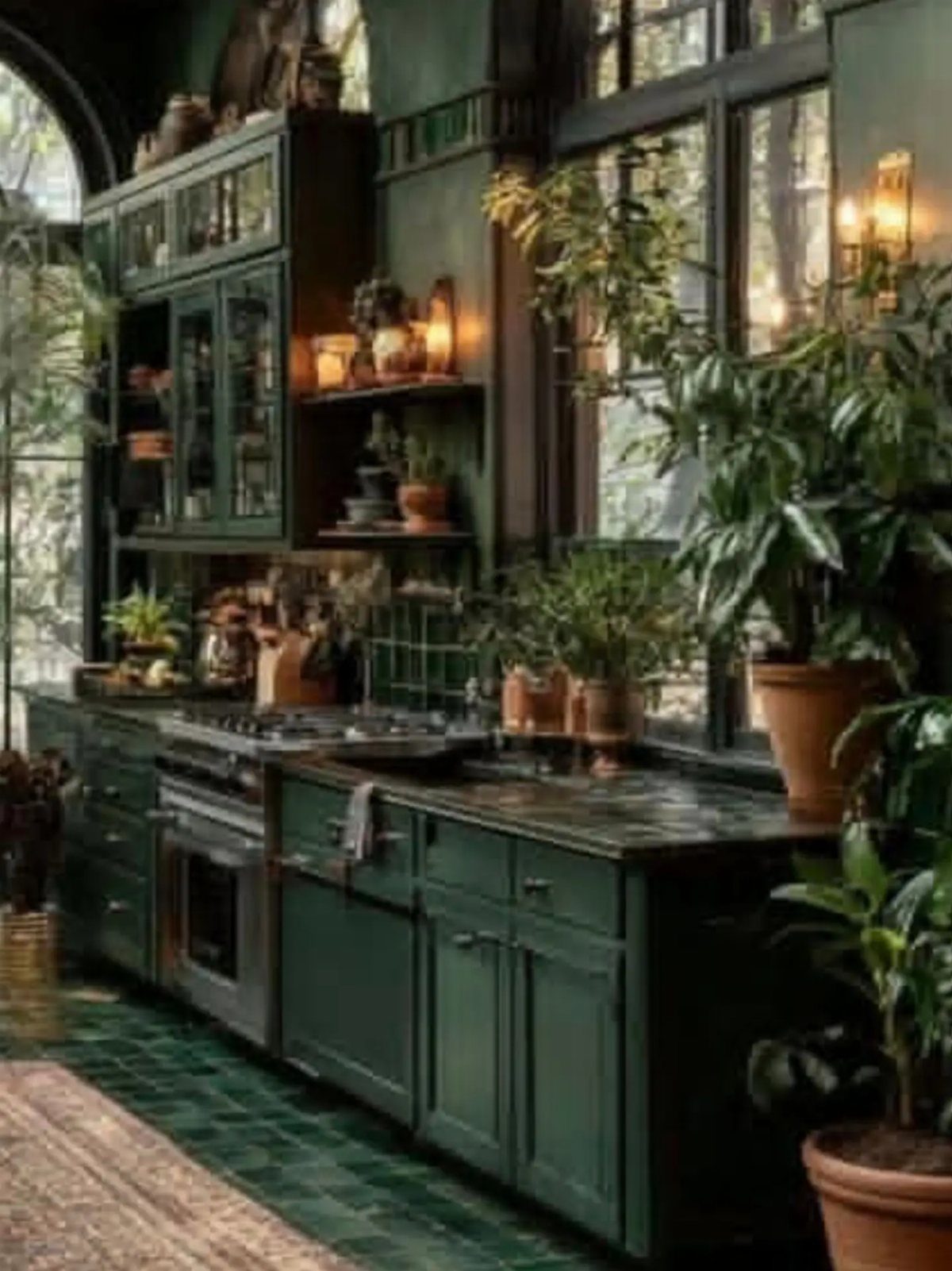 Emerald green kitchen cabinets with dark countertops, green floor tiles, and lush indoor plants.