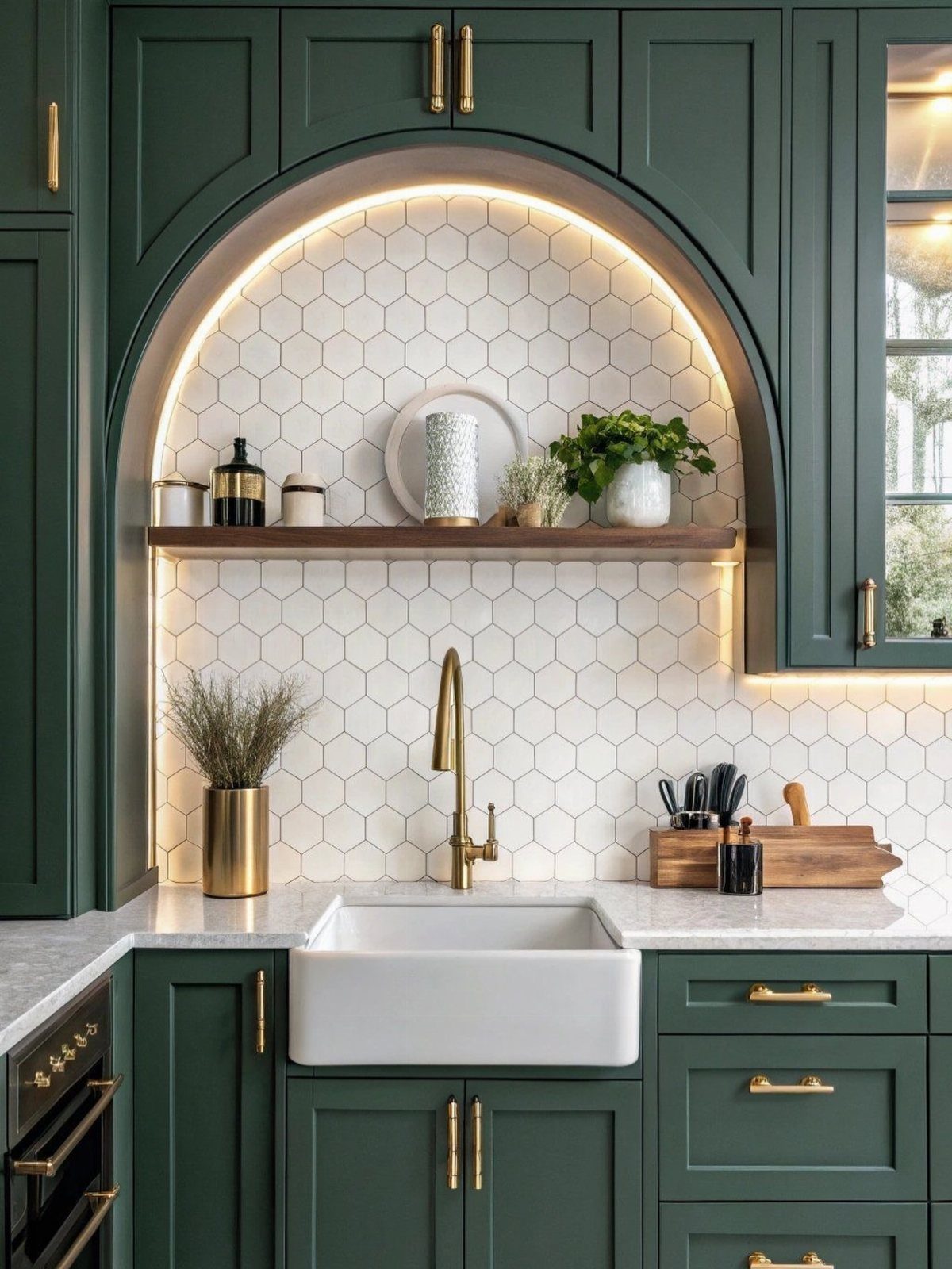 Dark green kitchen cabinets with gold handles and a white farmhouse sink.