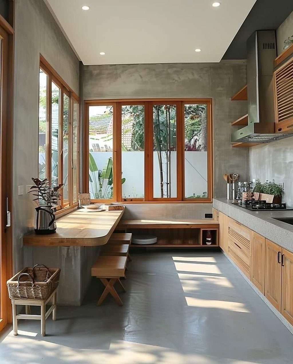 Grey concrete backsplash and walls in a kitchen with light wood cabinets.