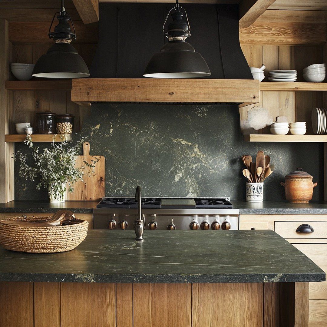 Dark green granite backsplash and countertop in a rustic kitchen with wood accents.