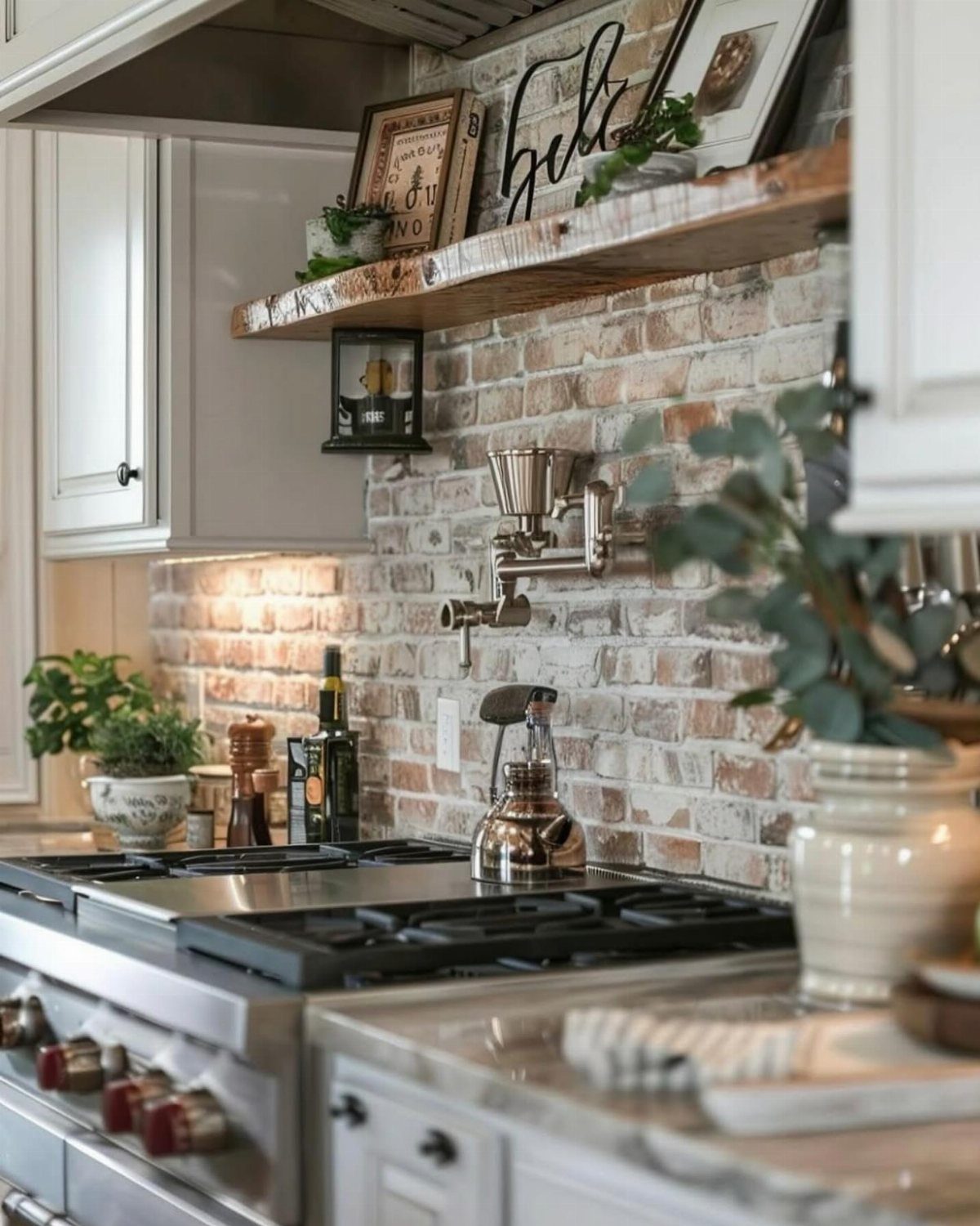 Rustic red and white brick backsplash in a farmhouse kitchen with wooden shelving.