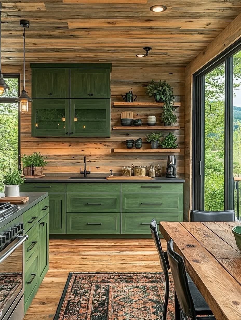 Rustic kitchen with green cabinets and natural wood plank walls and ceiling.
