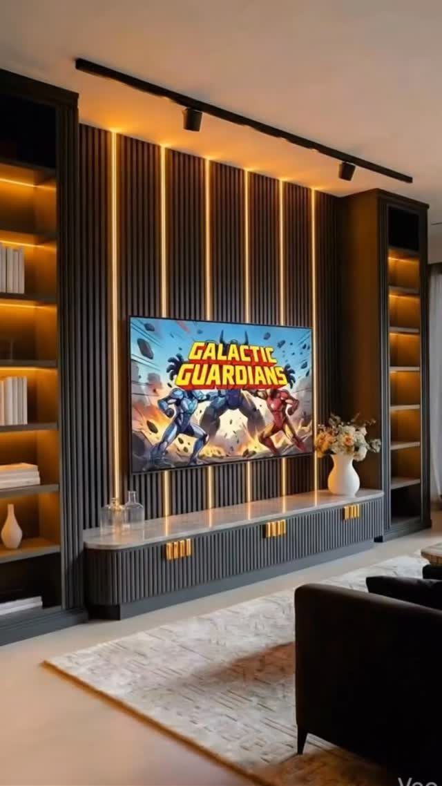 Black floor-to-ceiling open bookshelves flanking a television on a slatted accent wall