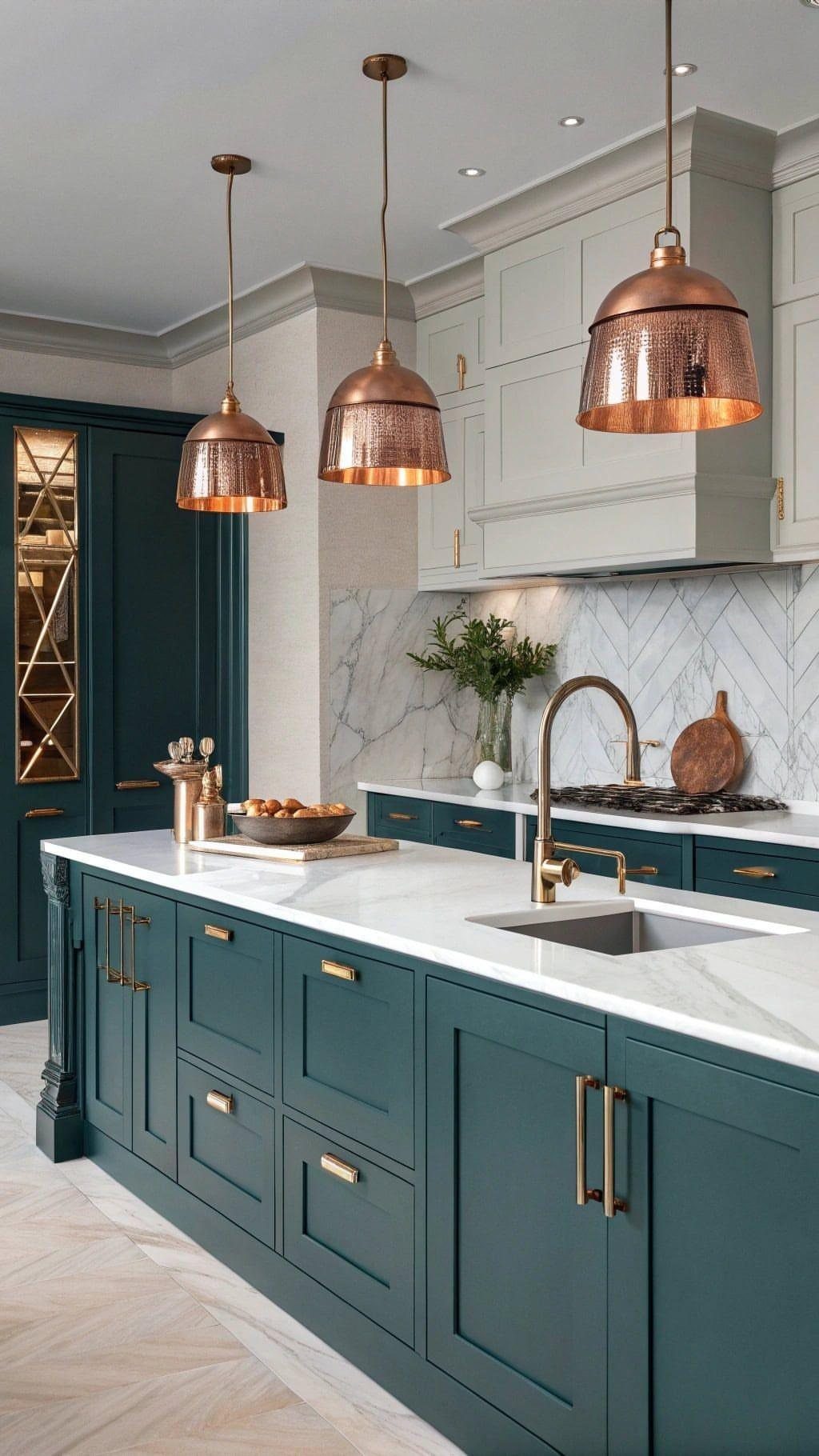 Dark teal lower cabinets and light grey upper cabinets in a modern kitchen.