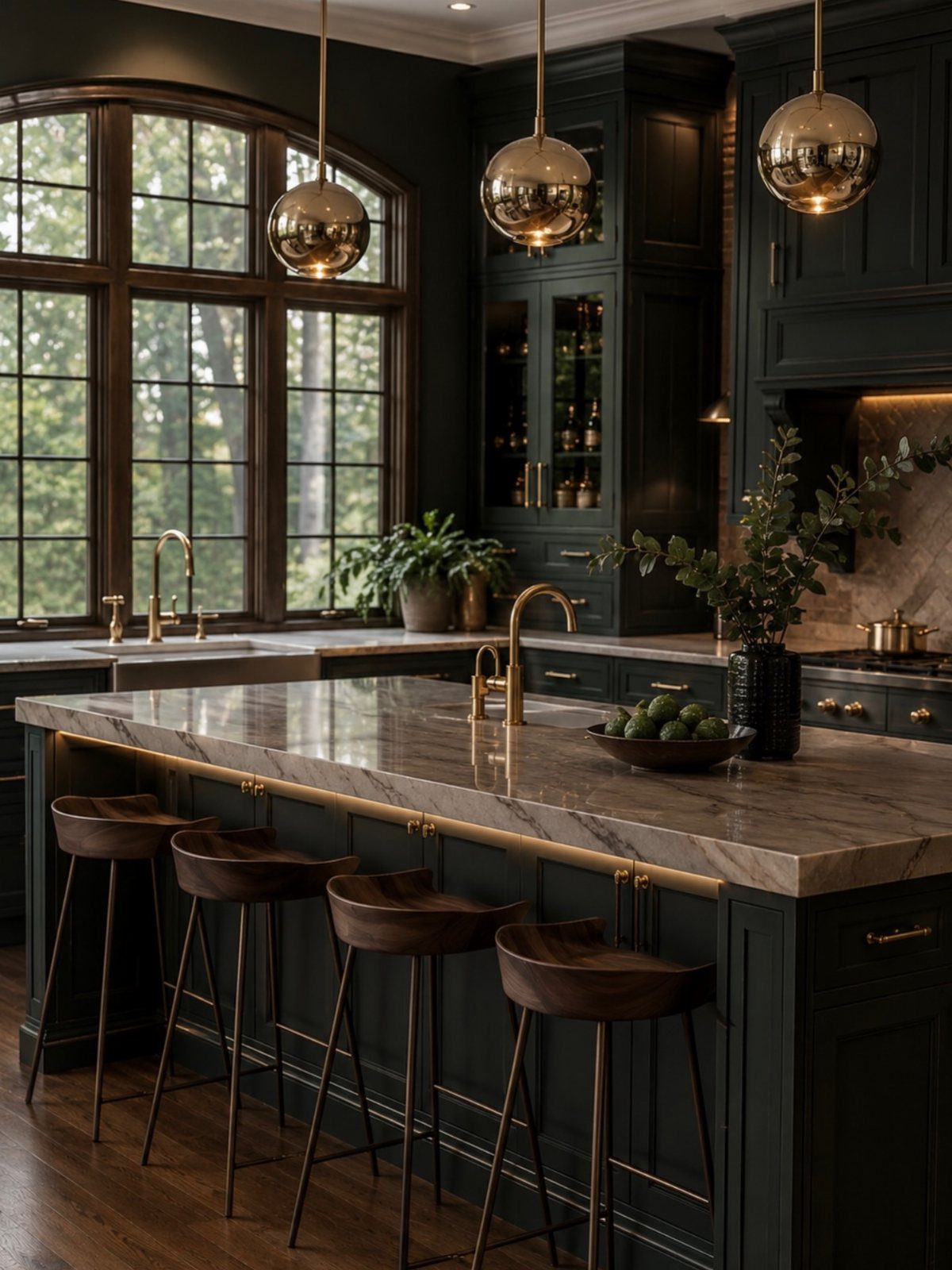 Dark green kitchen cabinets with white marble countertops and gold pendant lighting.