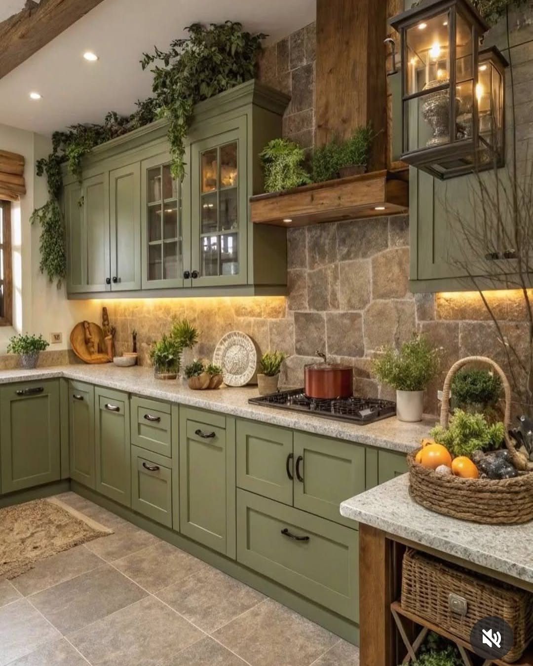 Forest green kitchen cabinets with stone backsplash and lush green plants on top.