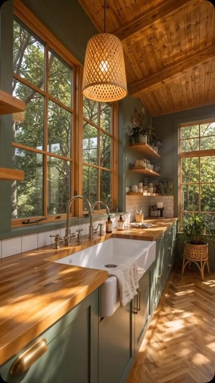 Sage green kitchen cabinets with wooden countertops, white farmhouse sink, and wooden ceiling.