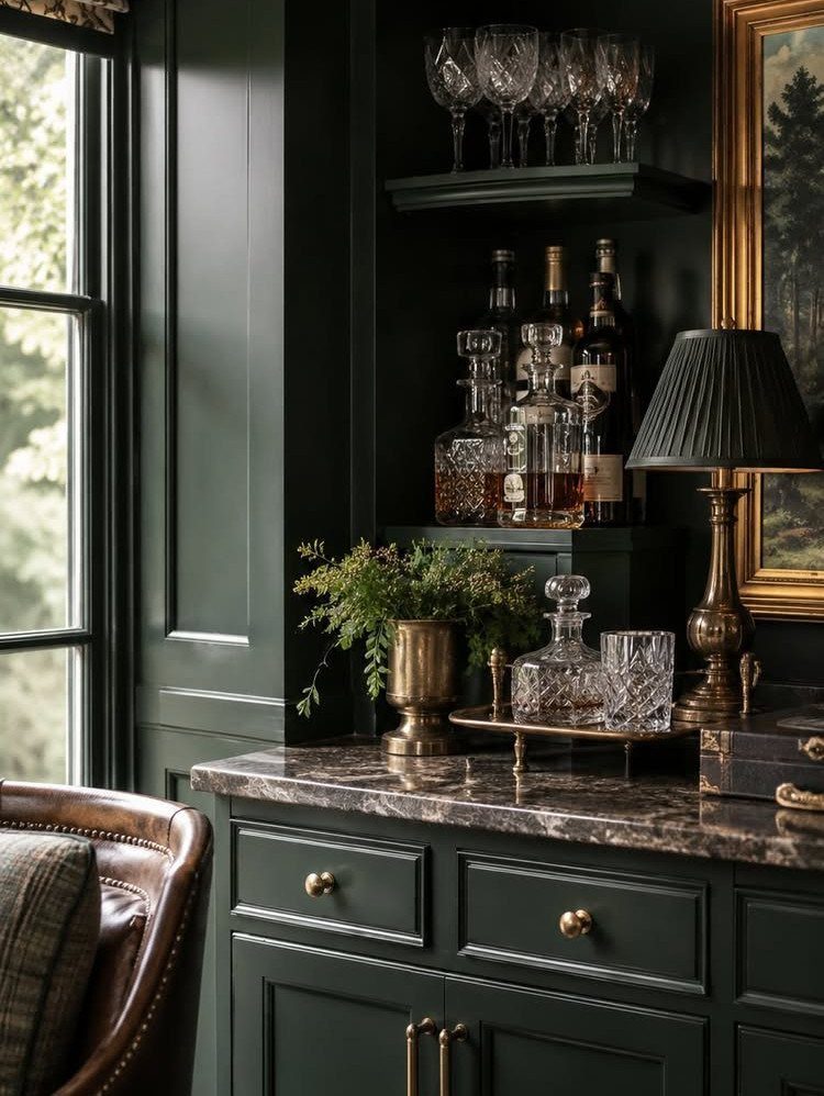 Deep green cabinets with gold hardware and a brown marble countertop bar area.