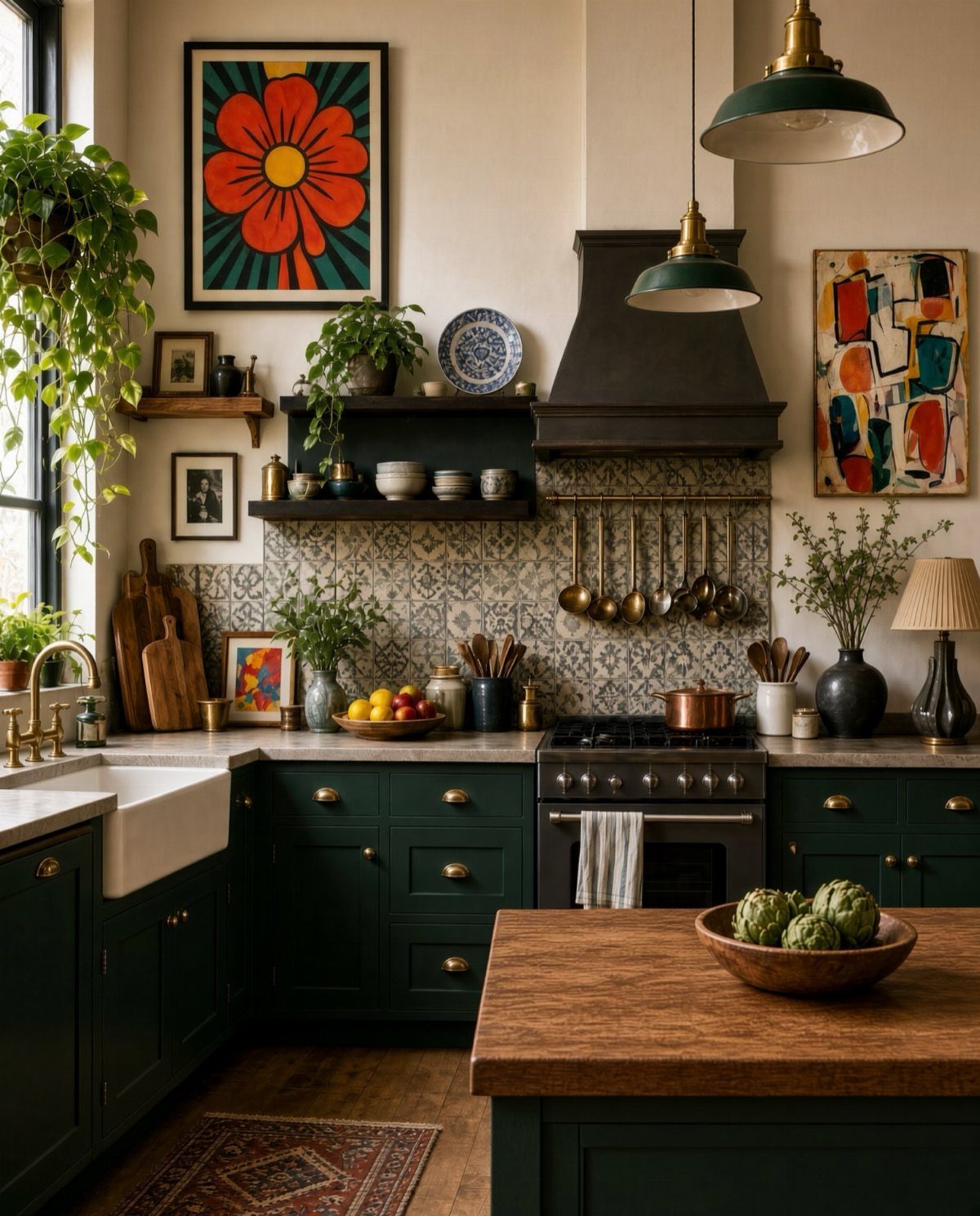 Forest green kitchen cabinets with gold handles, white countertops, and a wooden island.