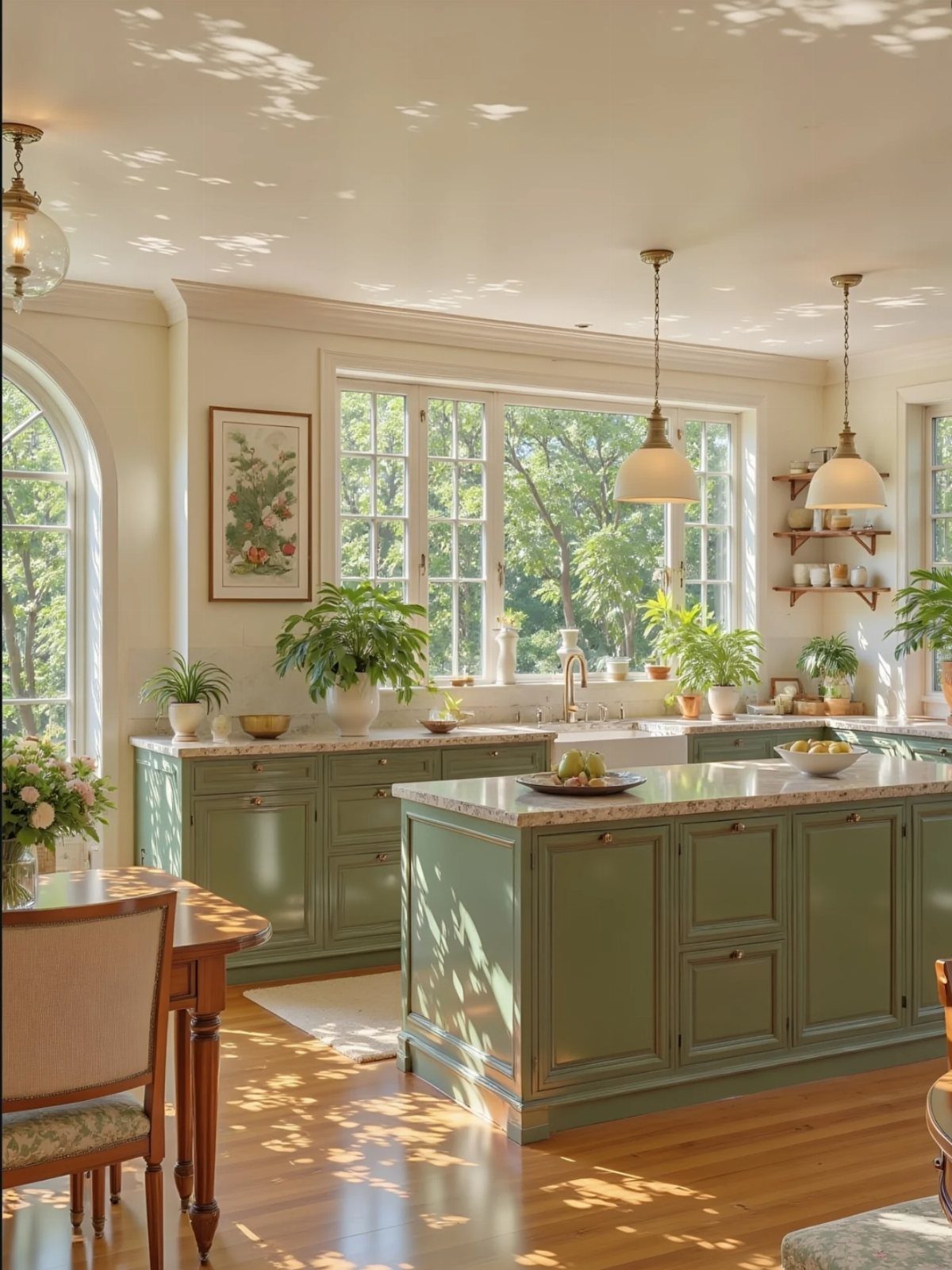 Sage green kitchen cabinets with white walls and sunlight streaming through windows.