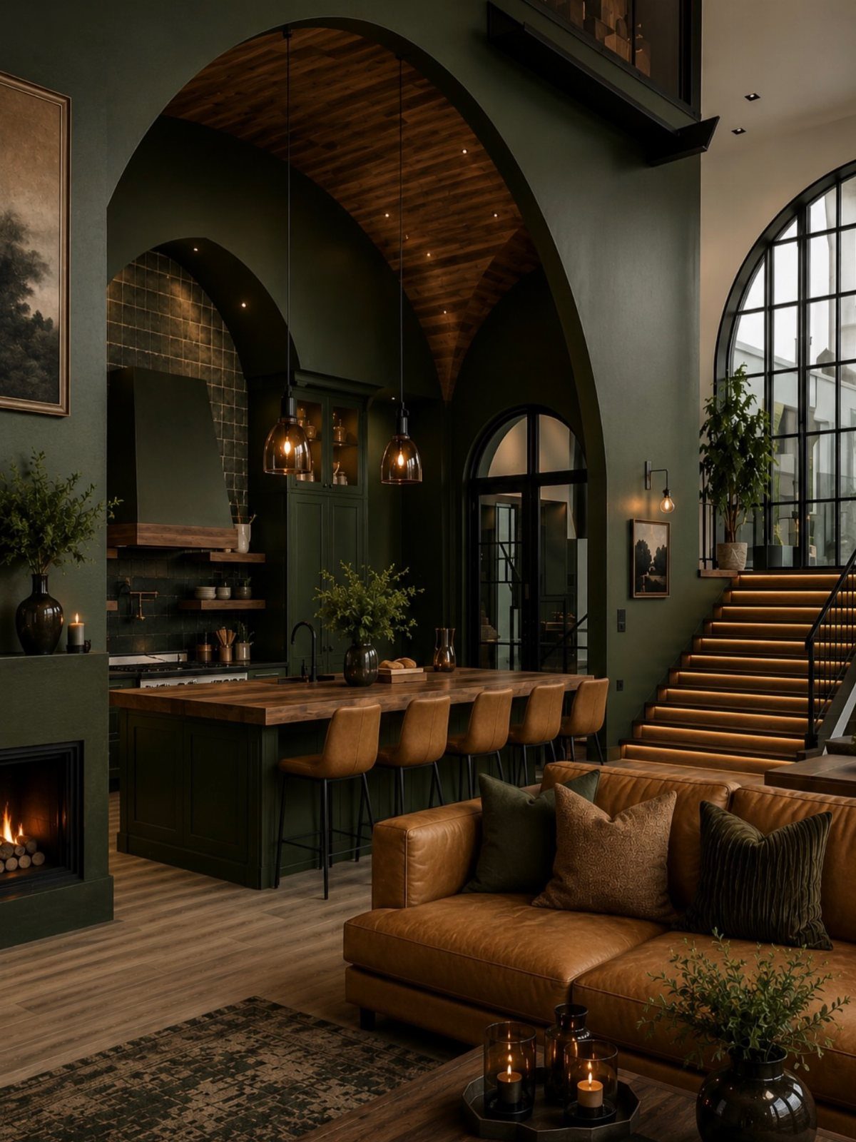 Dark green kitchen with black accents, wooden island, and brown leather sofa.