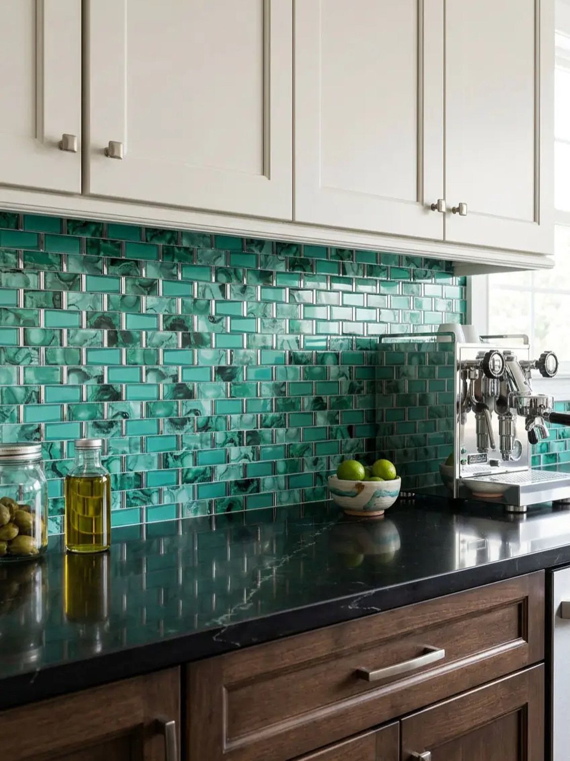 Green glass mosaic tile backsplash above a black marble kitchen countertop