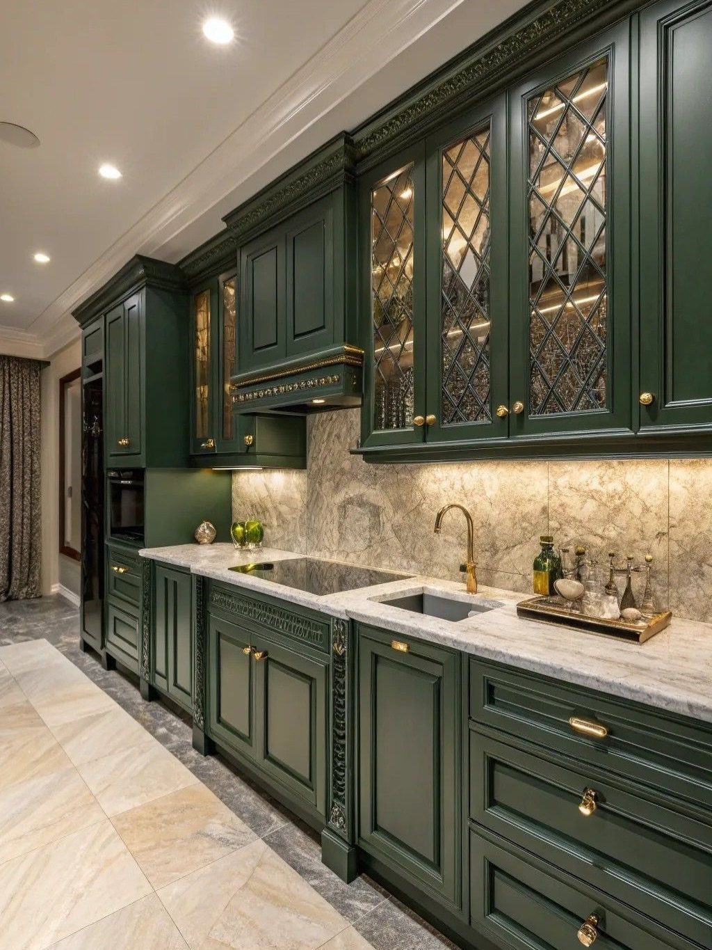 Dark green kitchen cabinets with polished gold hardware and white marble countertops.