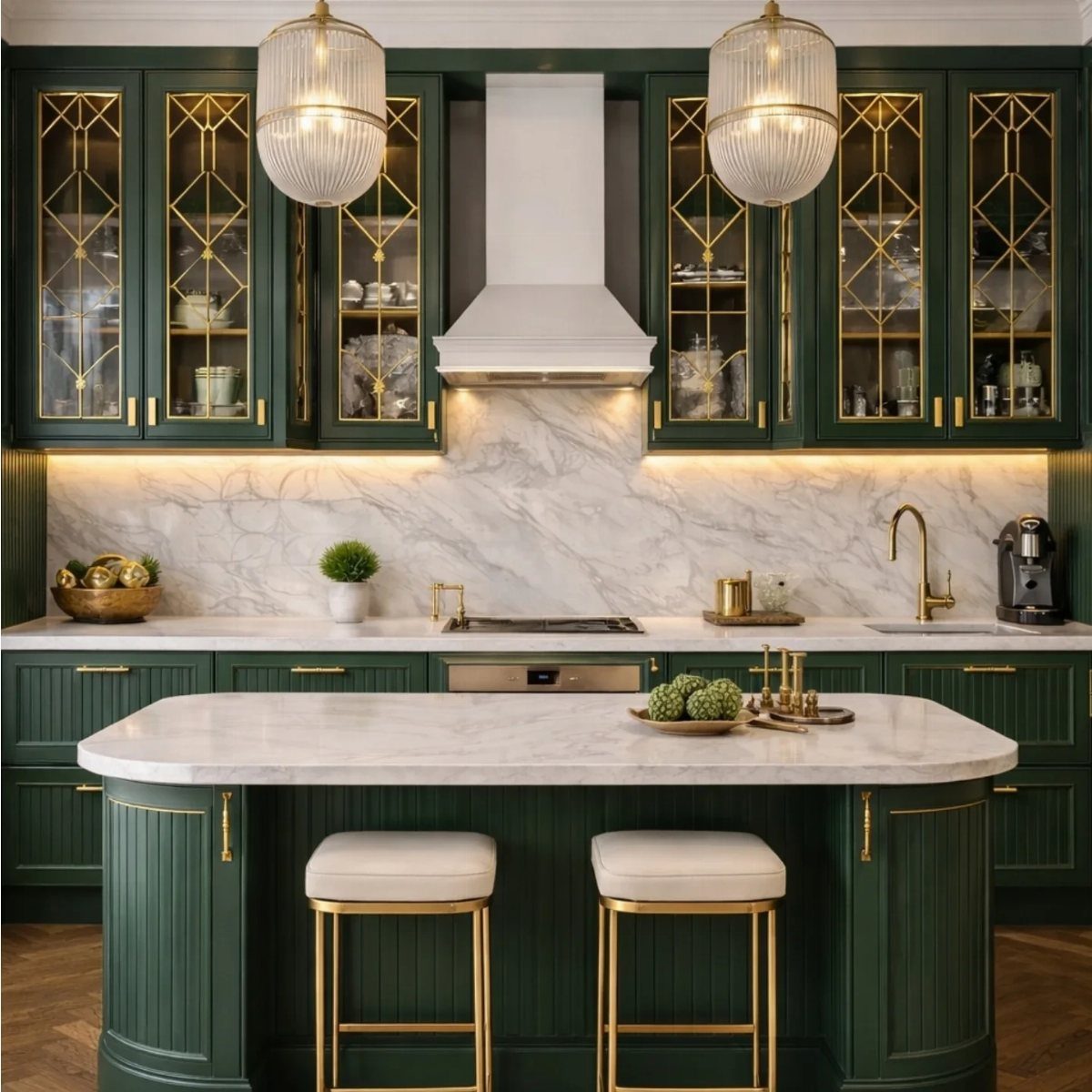 Emerald green kitchen cabinets with gold handles and white marble countertops and backsplash
