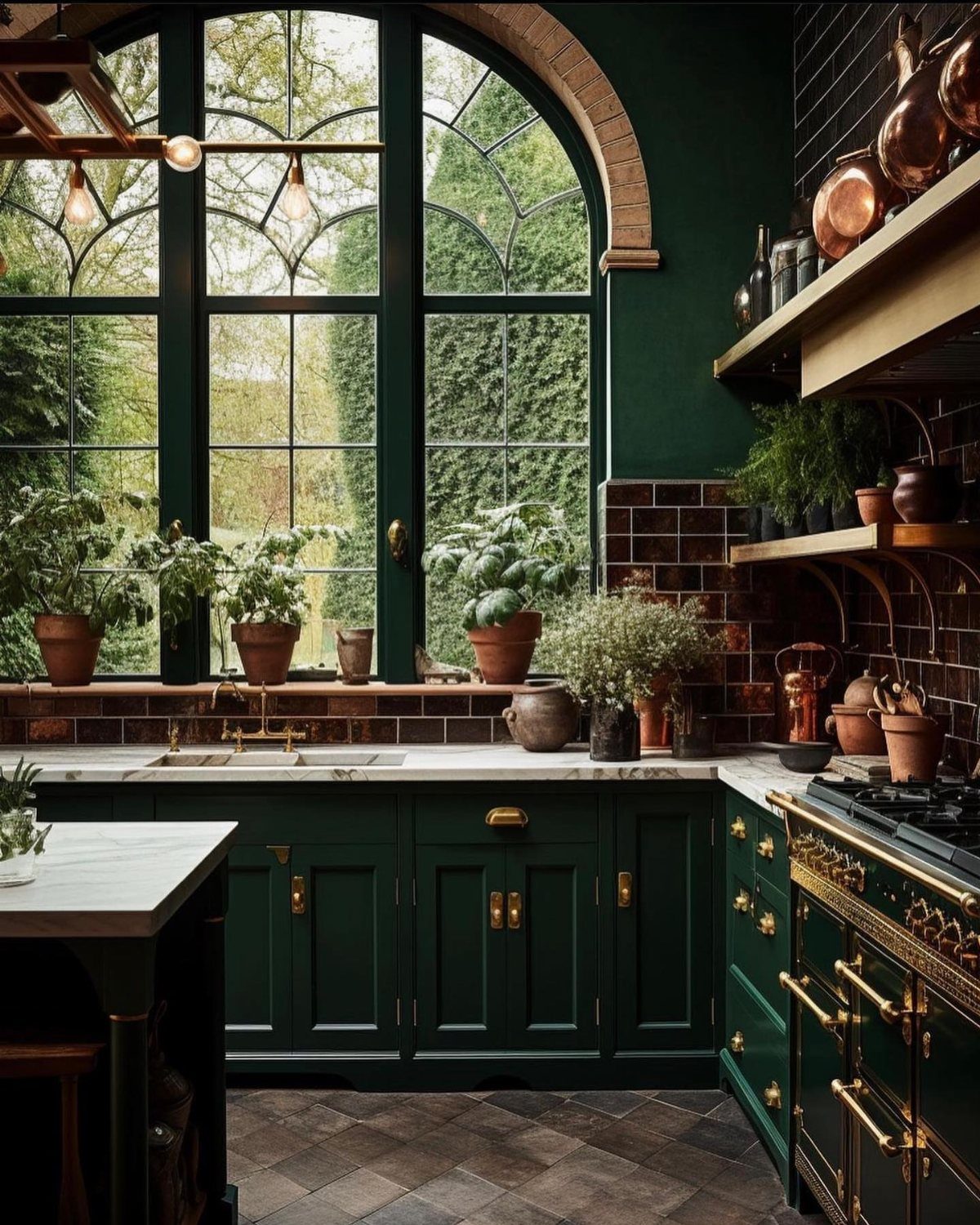 Forest green kitchen cabinets with gold hardware and a large arched window.