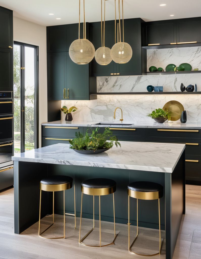 Matte dark green kitchen cabinets with gold hardware and white marble countertops.
