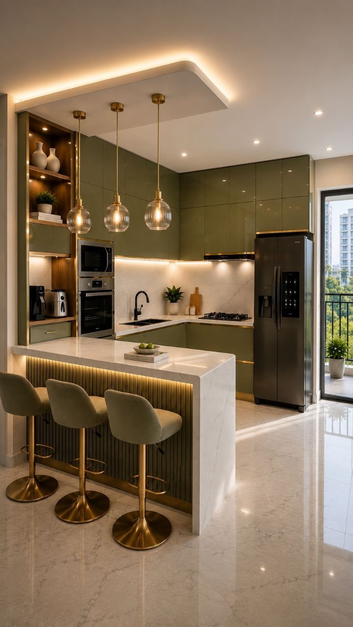 Olive green kitchen cabinets with gold pendant lights and a white marble island.