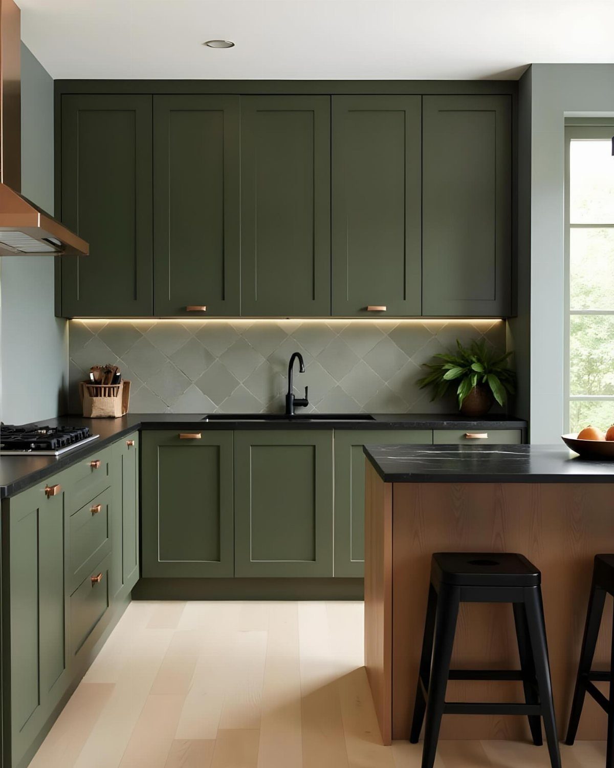 Olive green kitchen cabinets with brushed gold handles and black countertops.