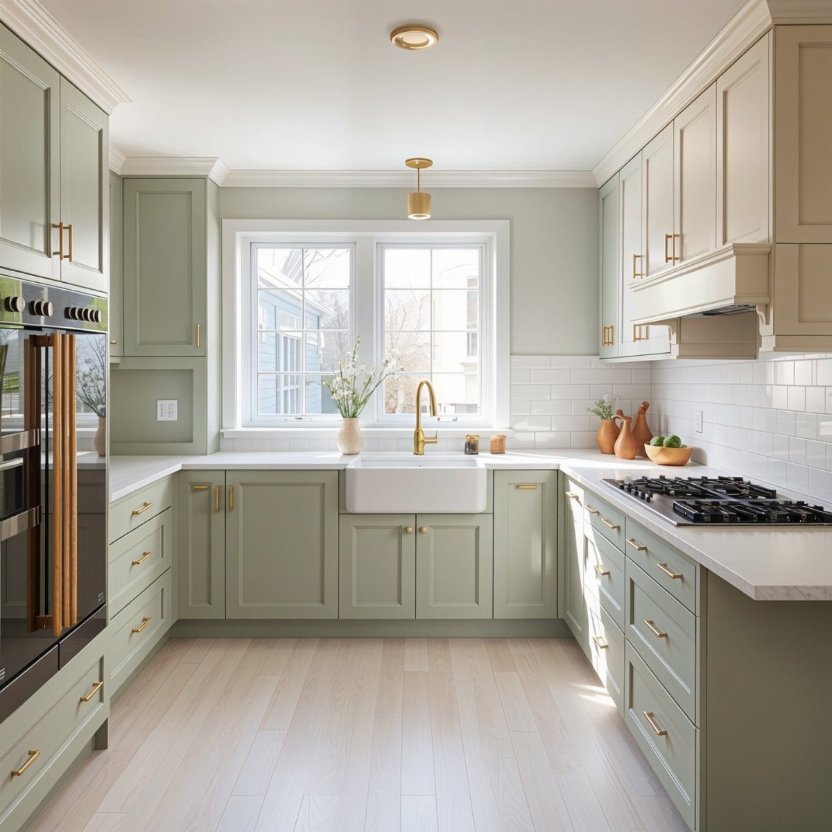 Sage green kitchen cabinets with brushed gold hardware and a white farmhouse sink.