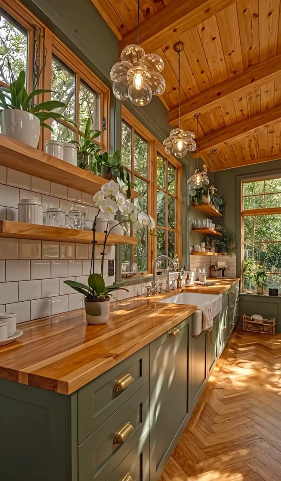 Sage green kitchen cabinets with gold handles, wooden countertops, and a wood ceiling.