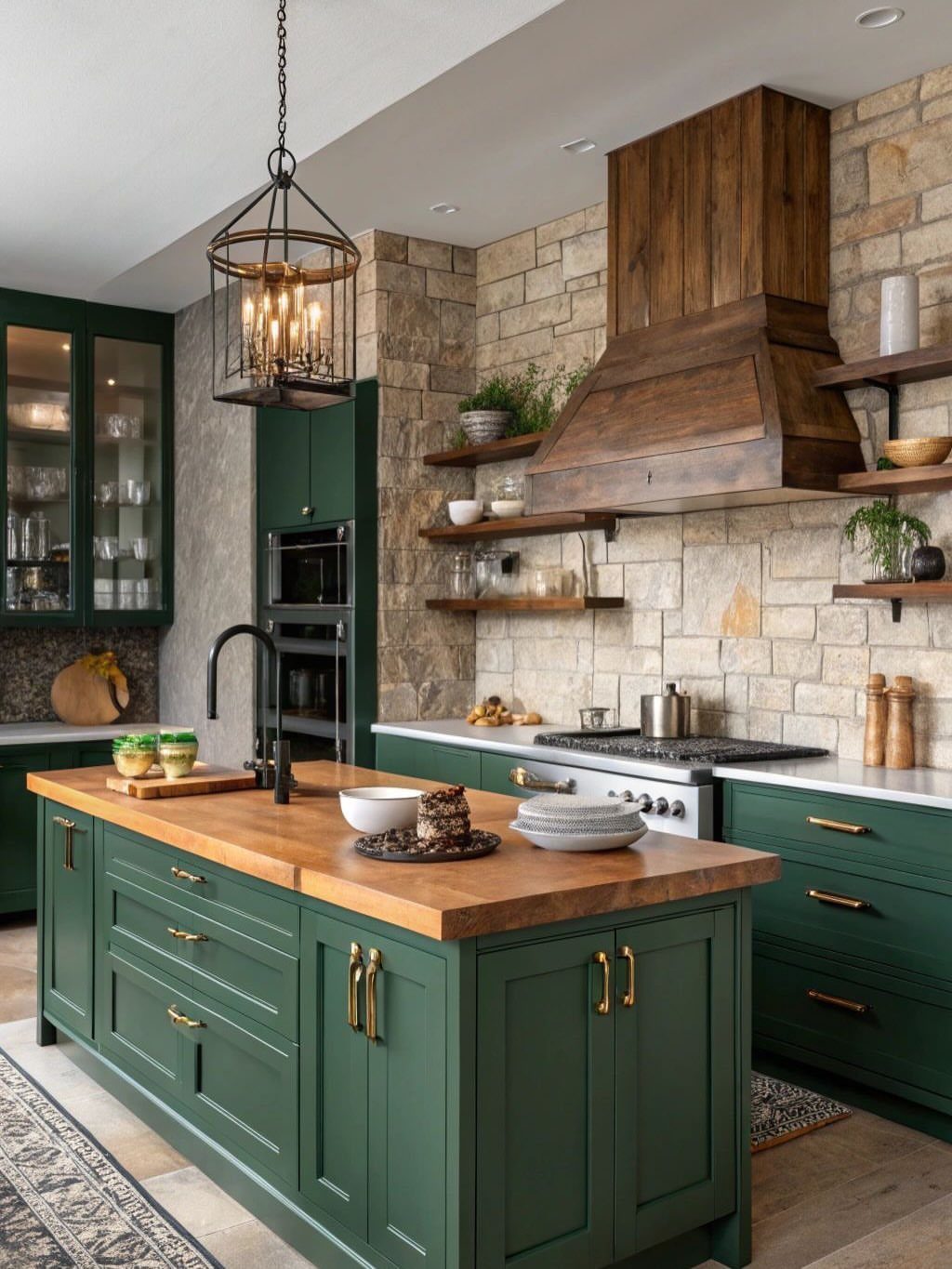 Forest green kitchen island with butcher block countertop and stone wall background