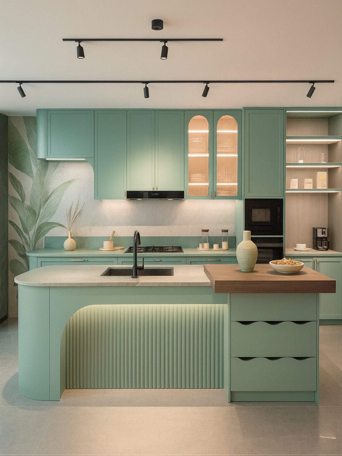 Mint green kitchen cabinets with a small wooden butcher block island extension.