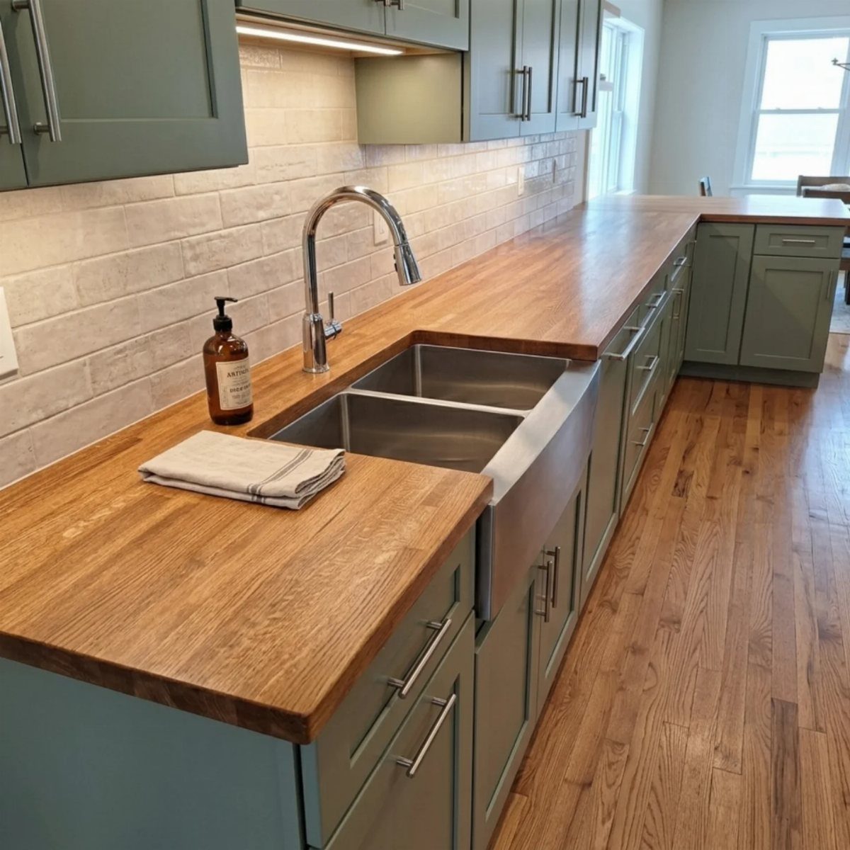 Sage green kitchen cabinets with thick wood butcher block countertops and farmhouse sink.
