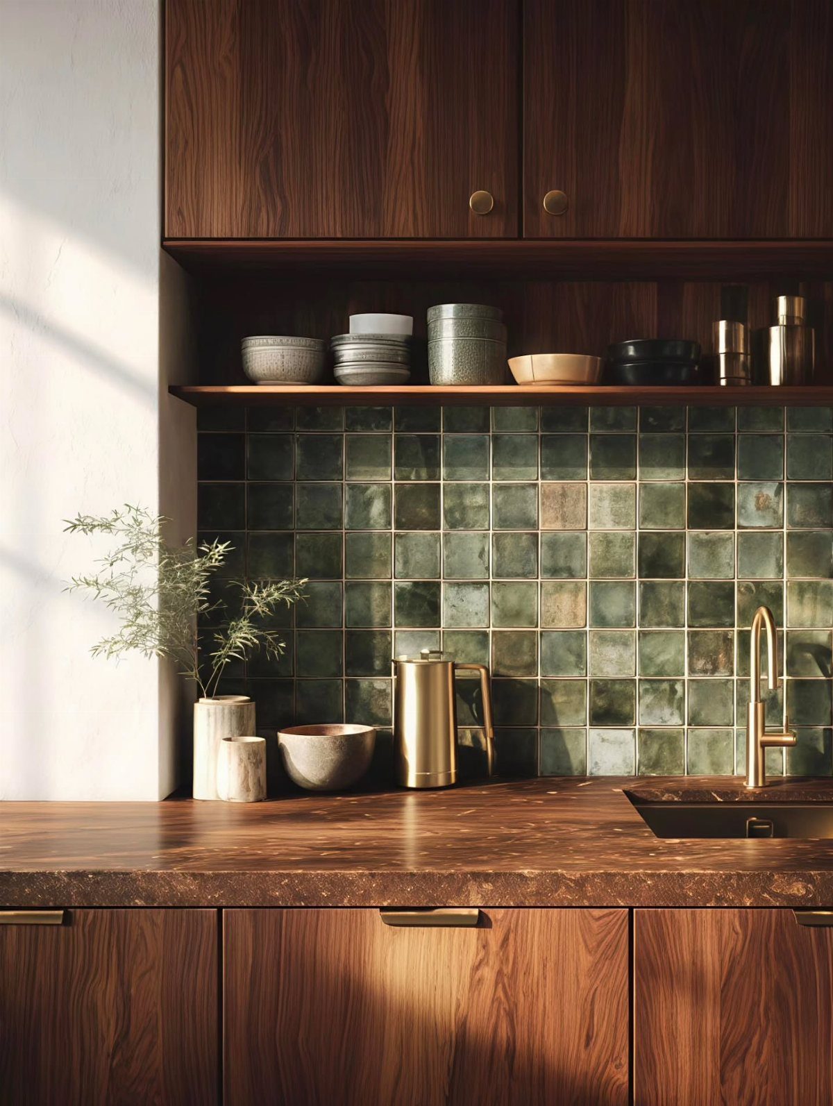 Dark green square tile backsplash in a kitchen with dark wood cabinetry.