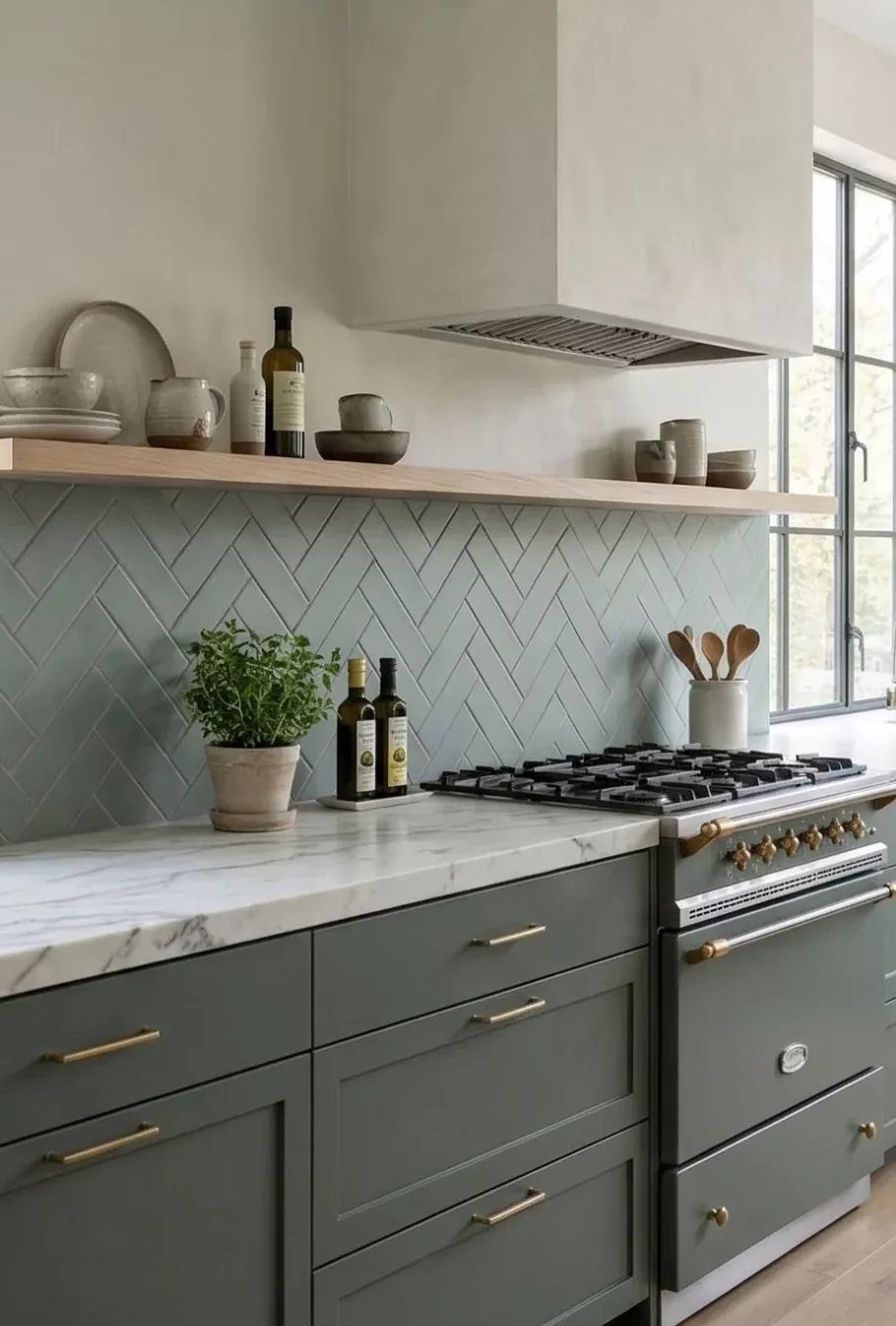 Sage green herringbone tile backsplash in a kitchen with marble countertops and green cabinets.