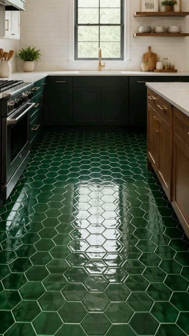 Dark green hexagonal ceramic tiles on a glossy kitchen floor reflecting window light.