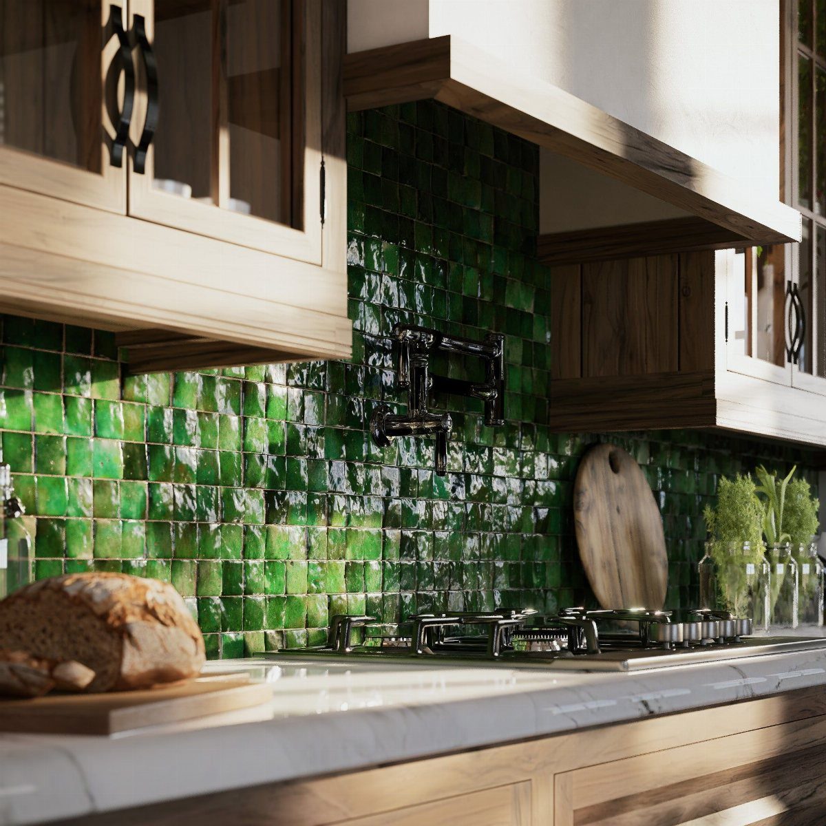 Green square tile backsplash in a kitchen with light wood cabinets and marble countertops