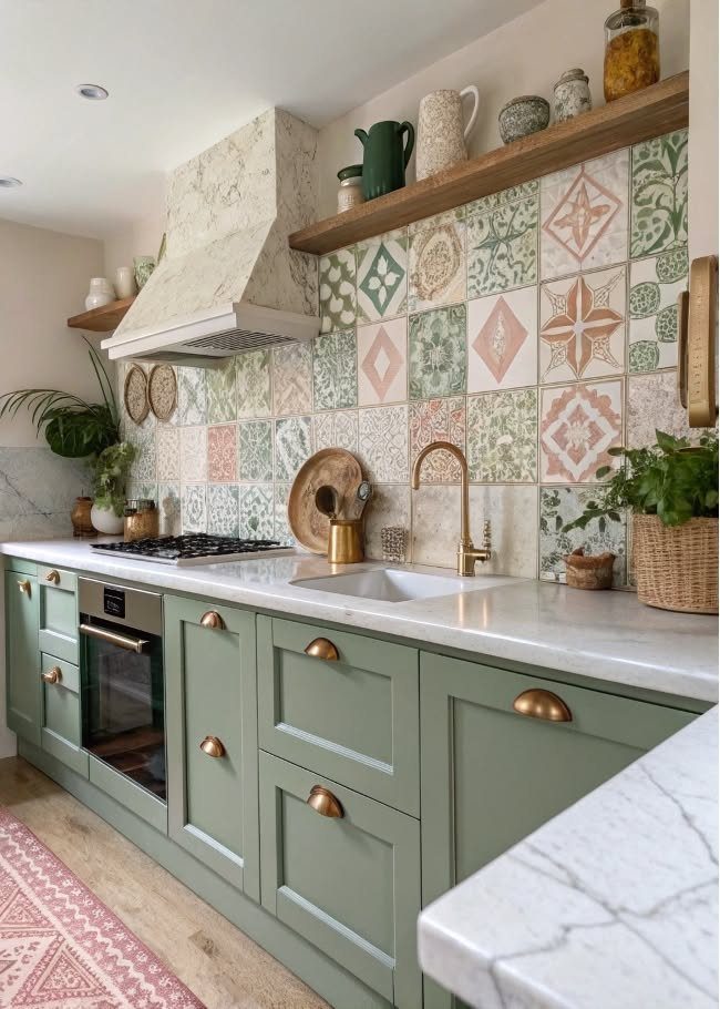 Sage green kitchen cabinets with a patterned green and terracotta tile backsplash.