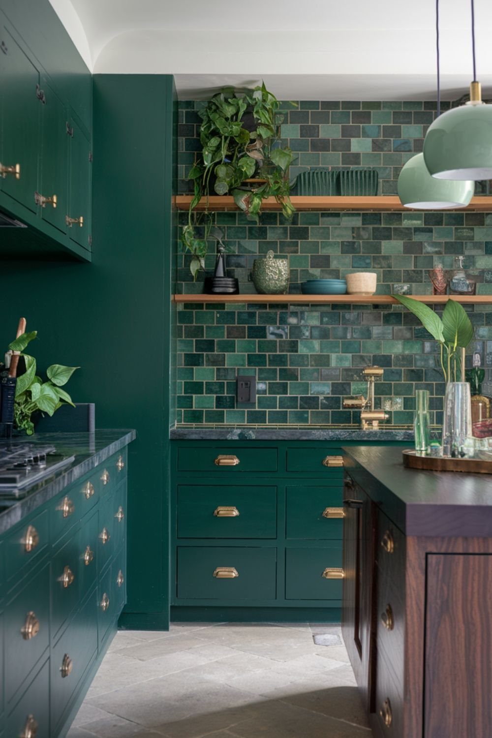 Dark green kitchen cabinets and a natural green tiled backsplash with wooden shelves.