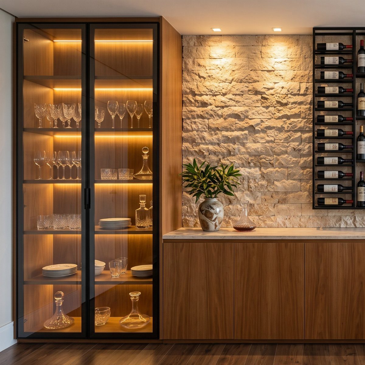 Backlit glass cabinet with glassware next to a stone wall and wine rack.