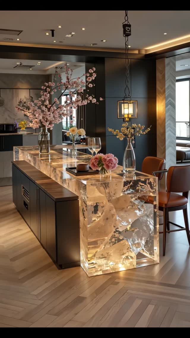 Luxury kitchen island with an illuminated crystalline countertop and herringbone wood flooring.