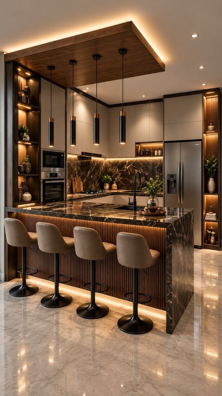 Luxury kitchen with dark marble island and matching bold marble backsplash wall.